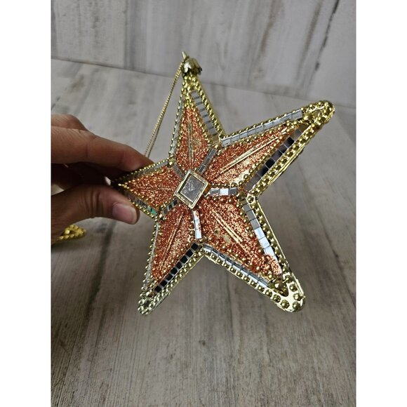 Vintage glitter star gold green orange plastic mirror ornament Xmas tree - Picture 7 of 8